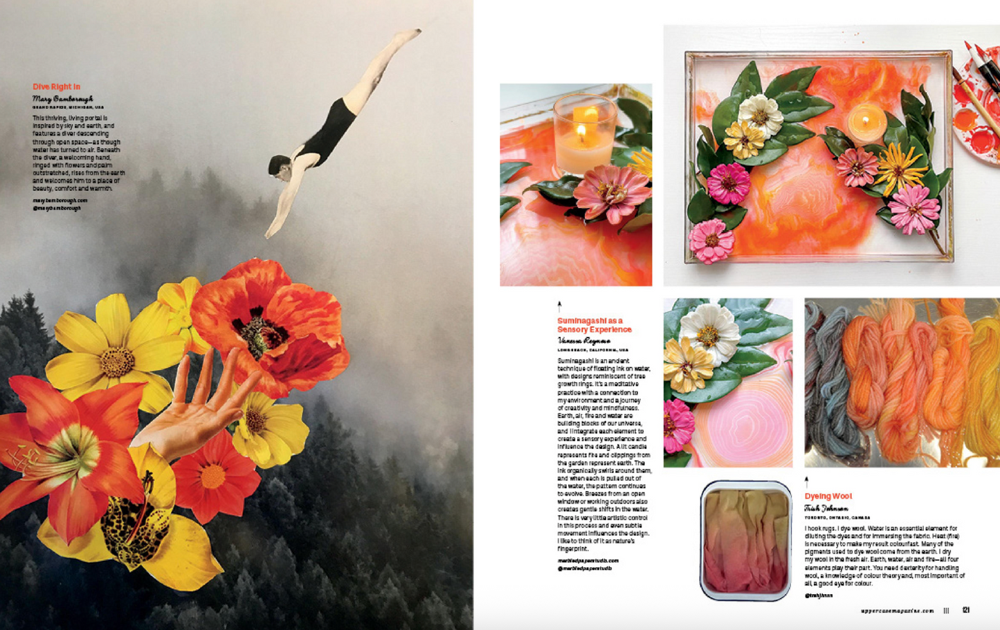 Magazine spread with artistic floral designs and a diver surrounded by flowers.