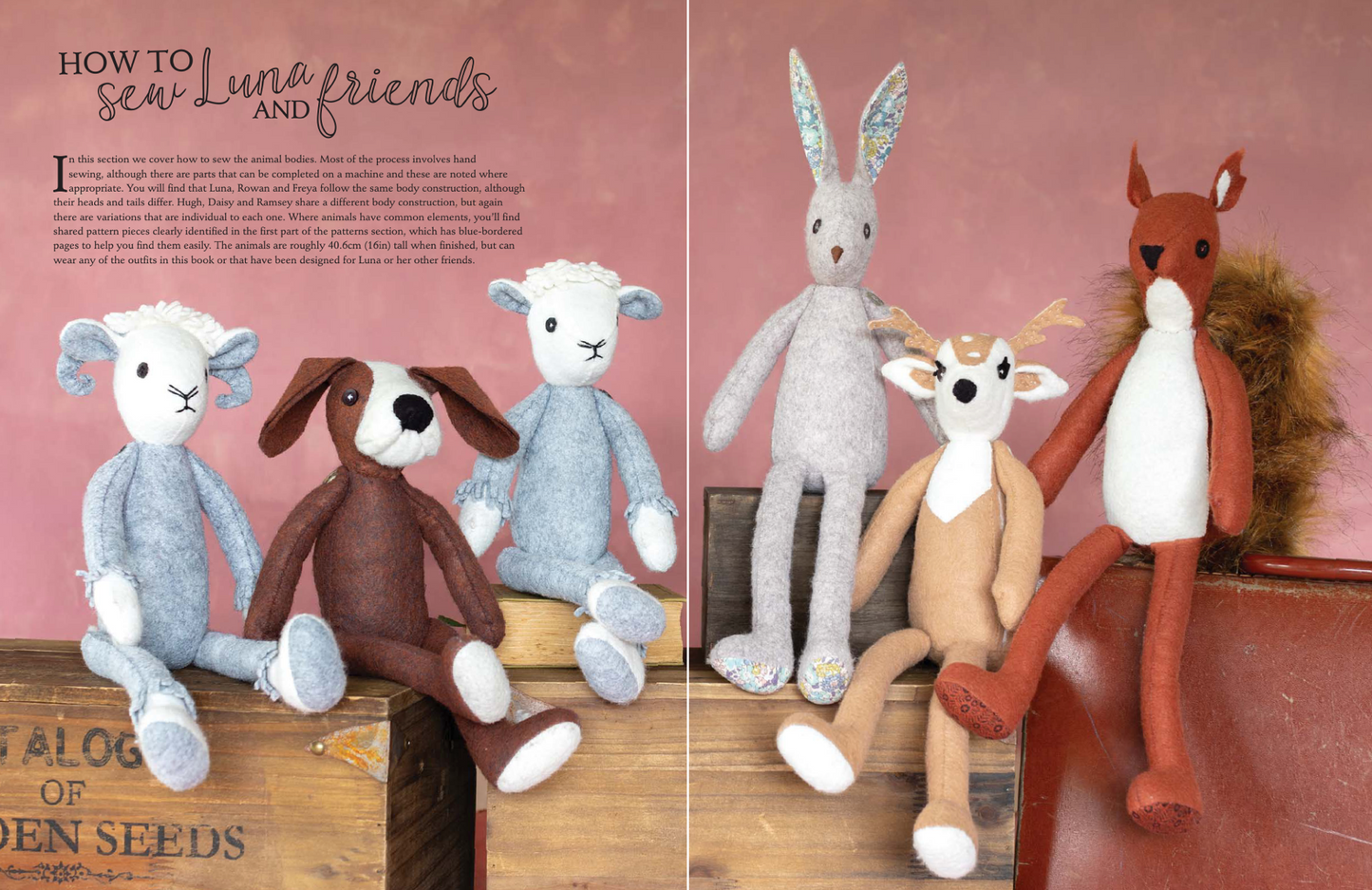 Stuffed animal toys including a lamb, dog, and rabbit on a wooden surface with text about sewing.
