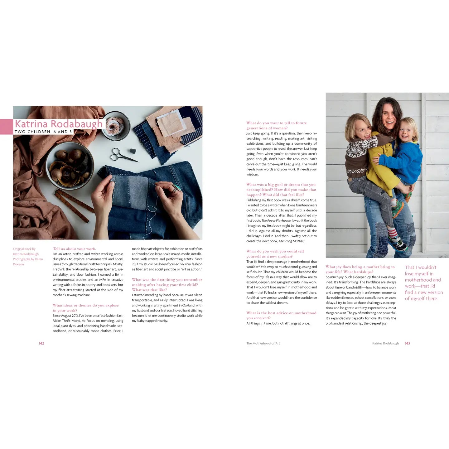 Mom with two kids and mending