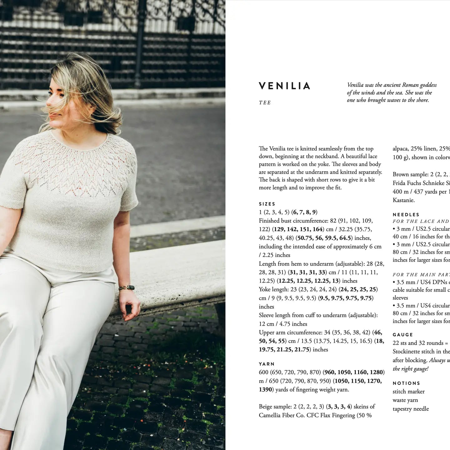 Woman sitting on a bench wearing a light-colored knit top and pants, with text on the right side about 'Venilia' tee.