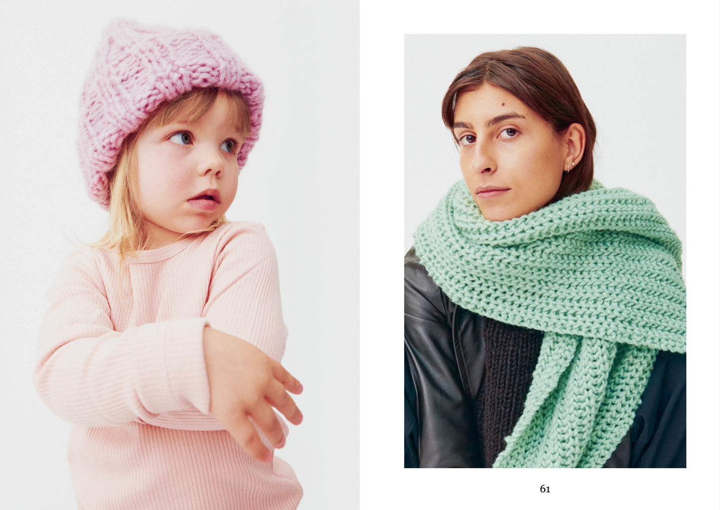 a child in a pink knitted hat and a person with a green crocheted scarf