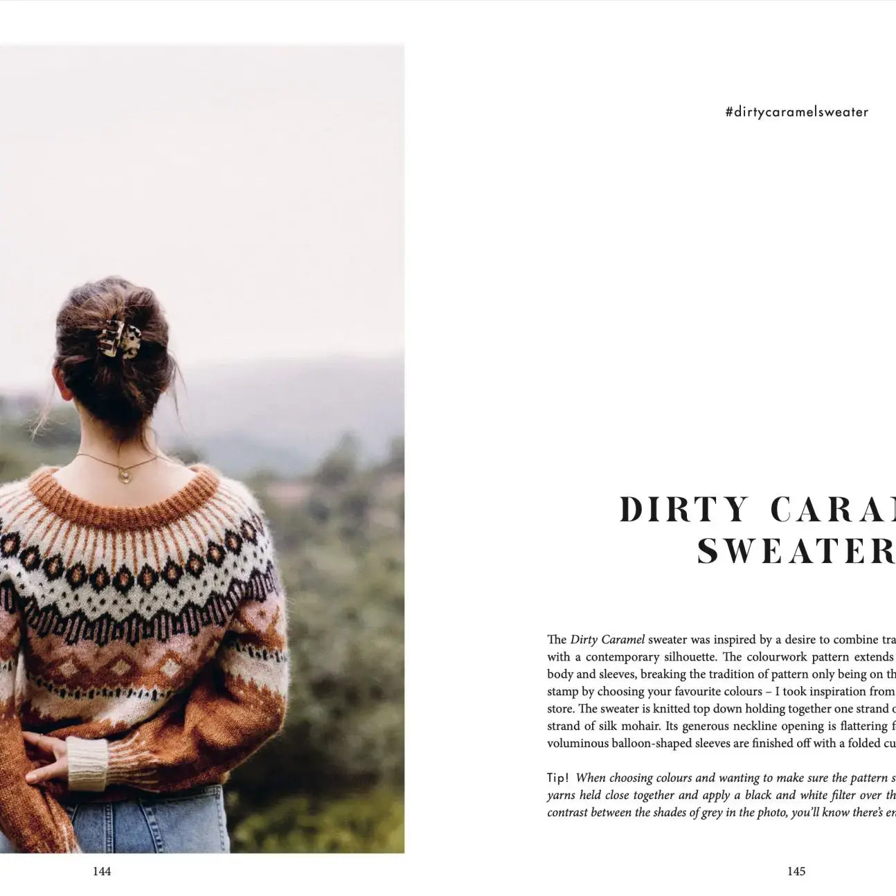 a color work sweater in brown, pink and black
