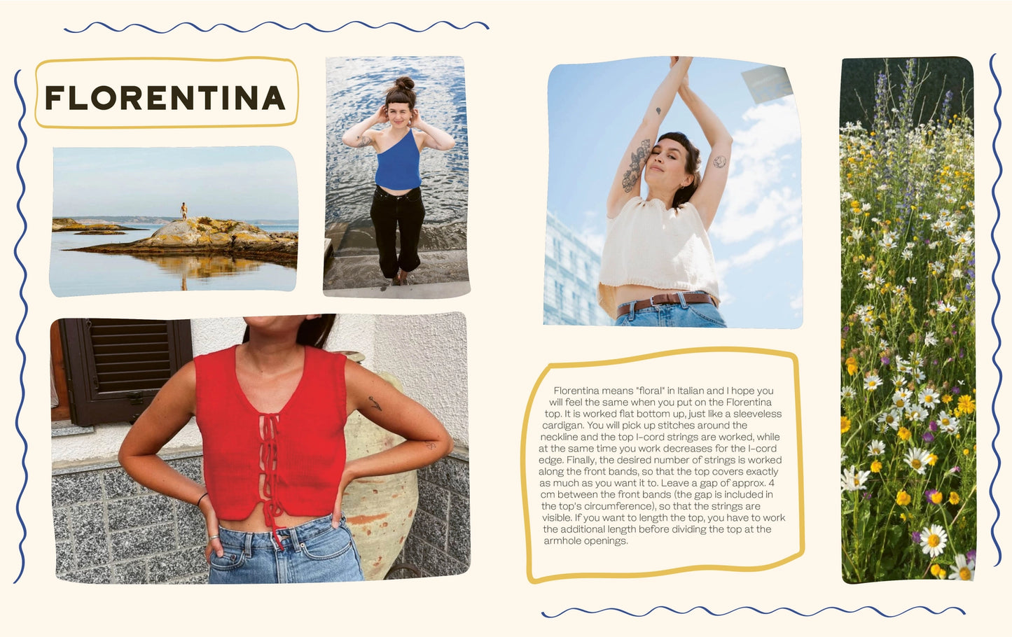 a book spread with 3 examples of summer knitted tops