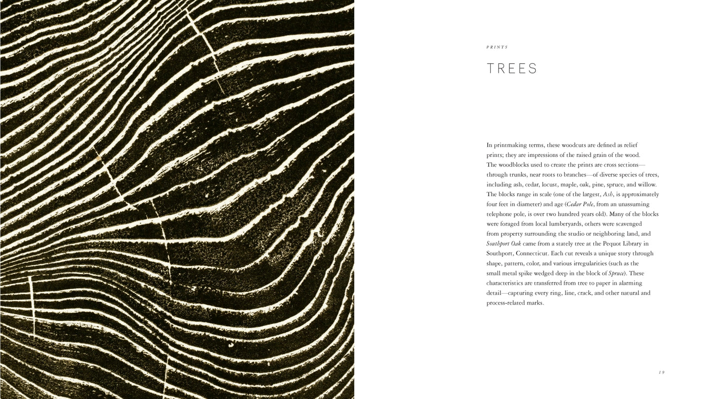 A two-page spread from a book or magazine featuring a large black-and-white abstract woodgrain or bark-like pattern on the left page and a text column titled 'TREES' on the right page.