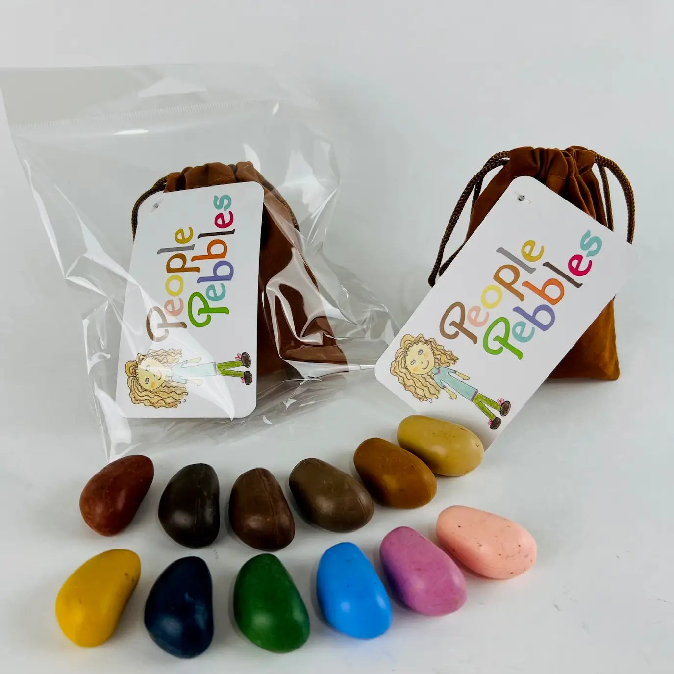 Colorful pebbles with 'People Pebbles' packaging on a white background