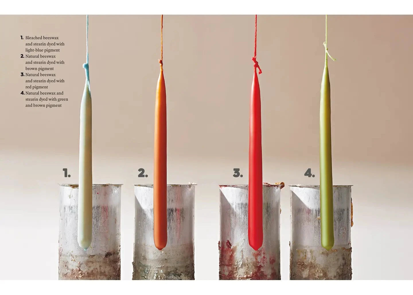 Four tall, narrow candles in different colors (cream, orange, red, and light green) are suspended over four metal cups containing colored wax, with numbered labels 1 through 4 and a short instructional text block on the left.
