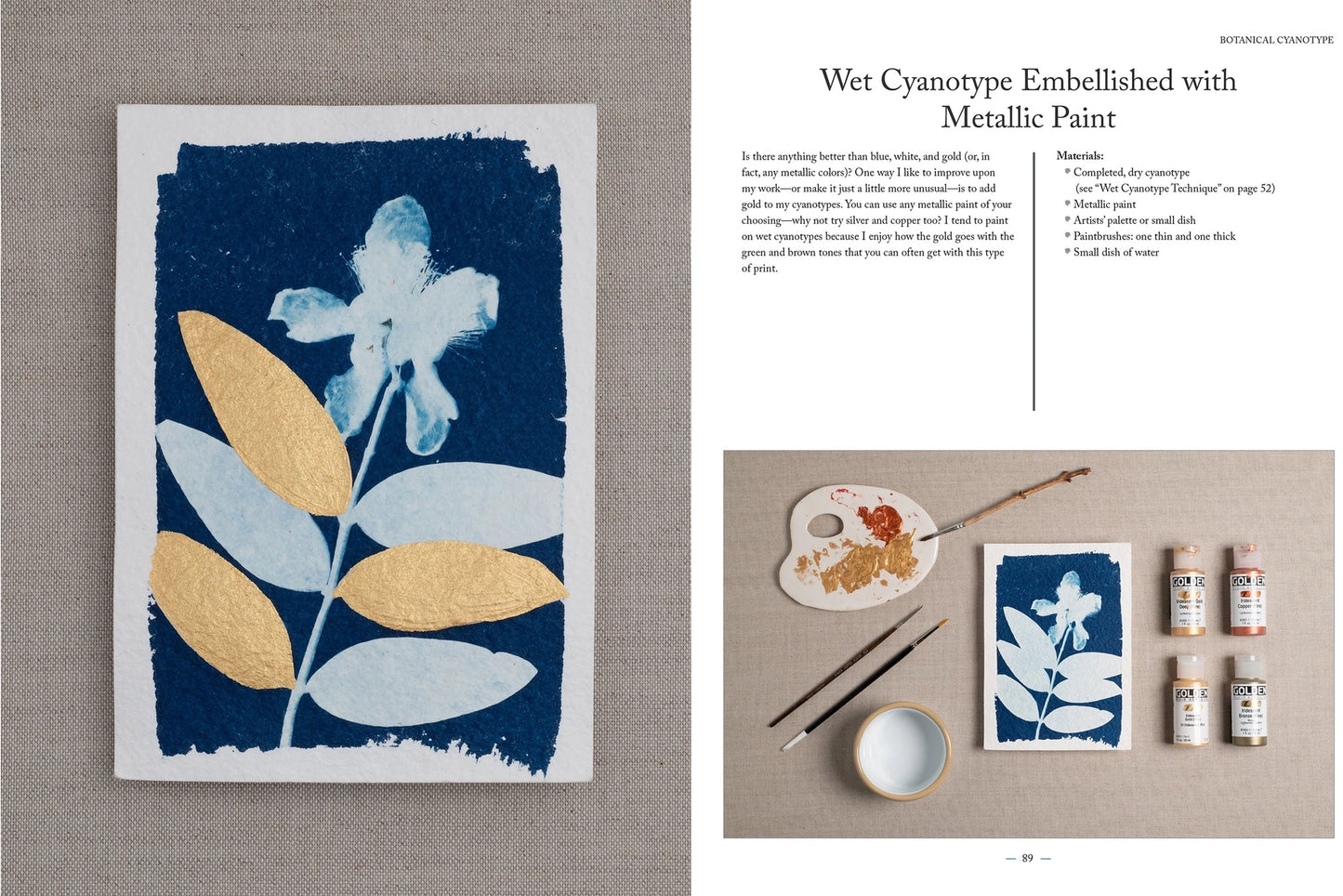 Cyanotype print of leaves with text on wet cyanotype process