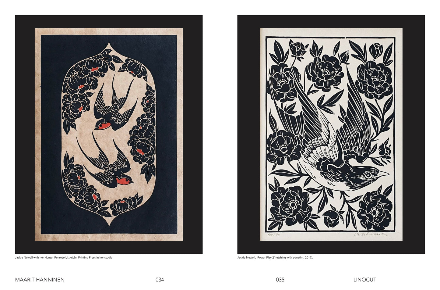 Two framed artworks featuring stylized birds and floral patterns on a white background.