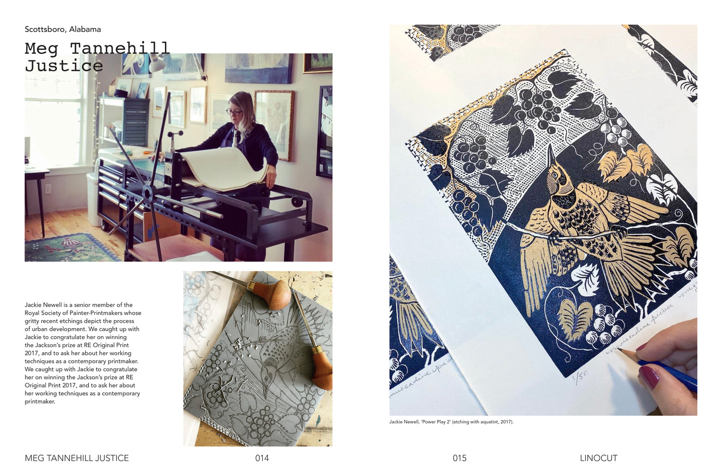 Collage of images featuring a woman at a press, printed fabric, and a hand holding a pen.