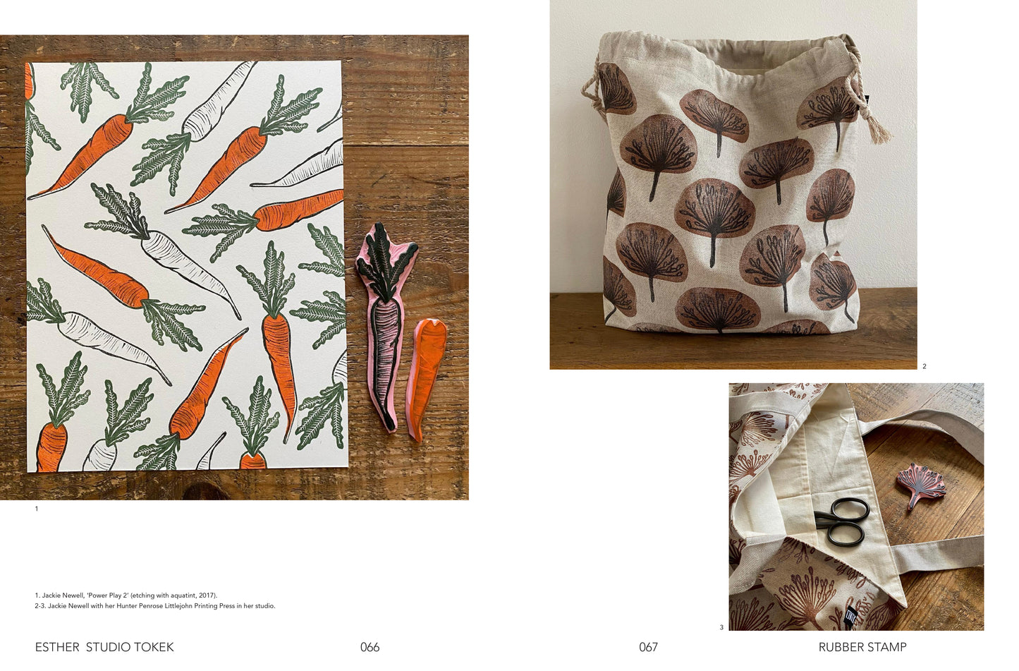 Collage of patterned items including a towel with carrot design, a bag with leaf pattern, and a stamp on a wooden surface.