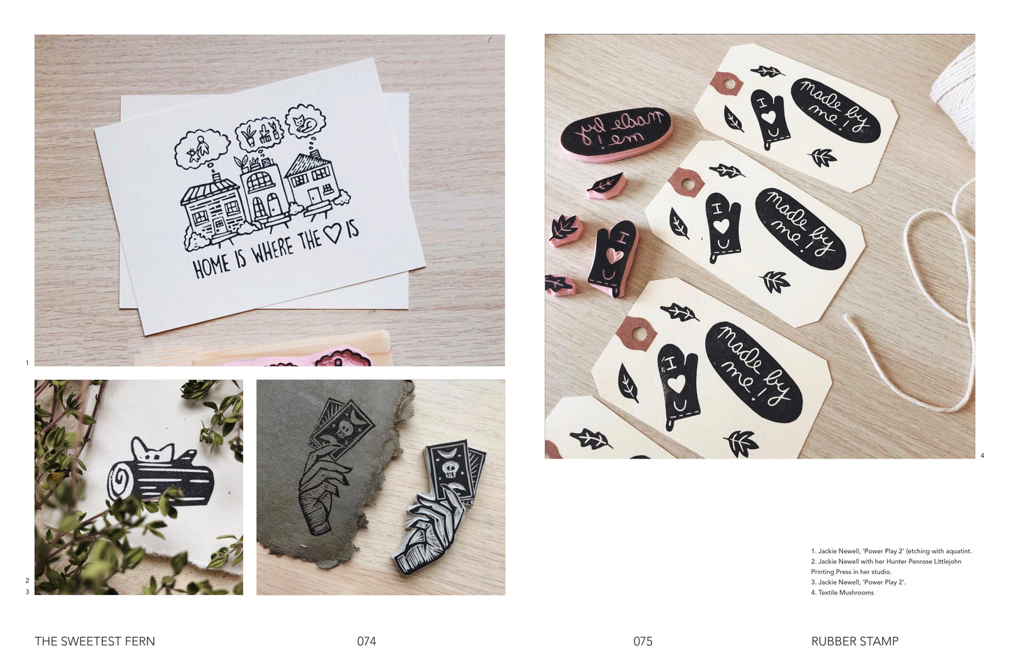 Collage of rubber stamps with various designs on a wooden surface.