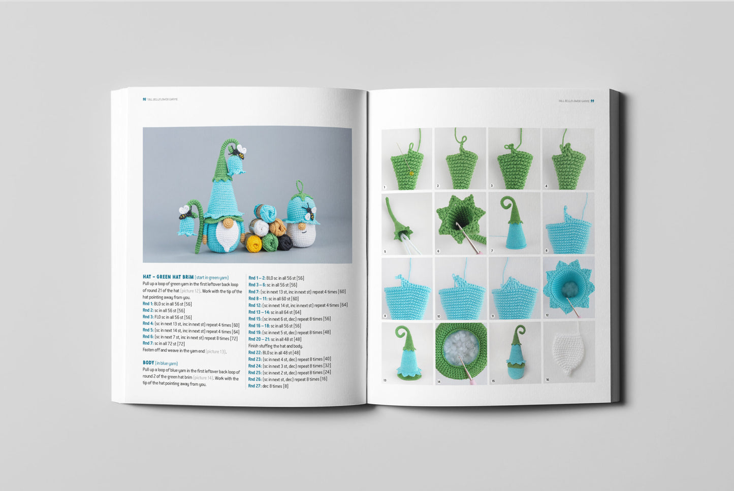 Open book showing crochet patterns with colorful illustrations on a gray background