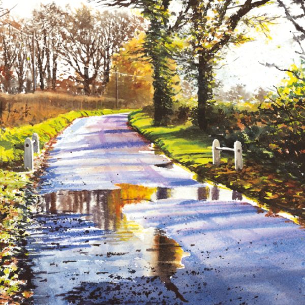 watercolor of a path lined with trees