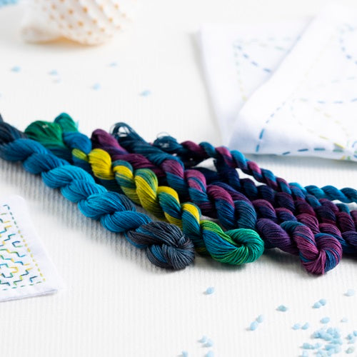 blue purple and green dyed sashiko floss