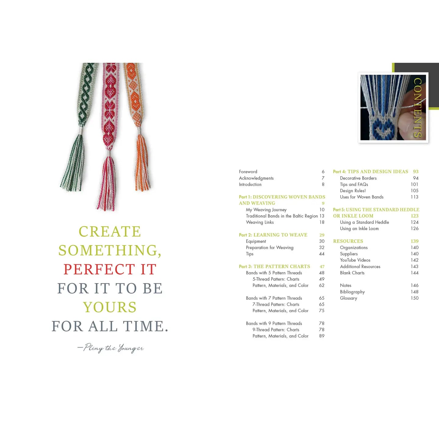 colorful woven bands and table of contents