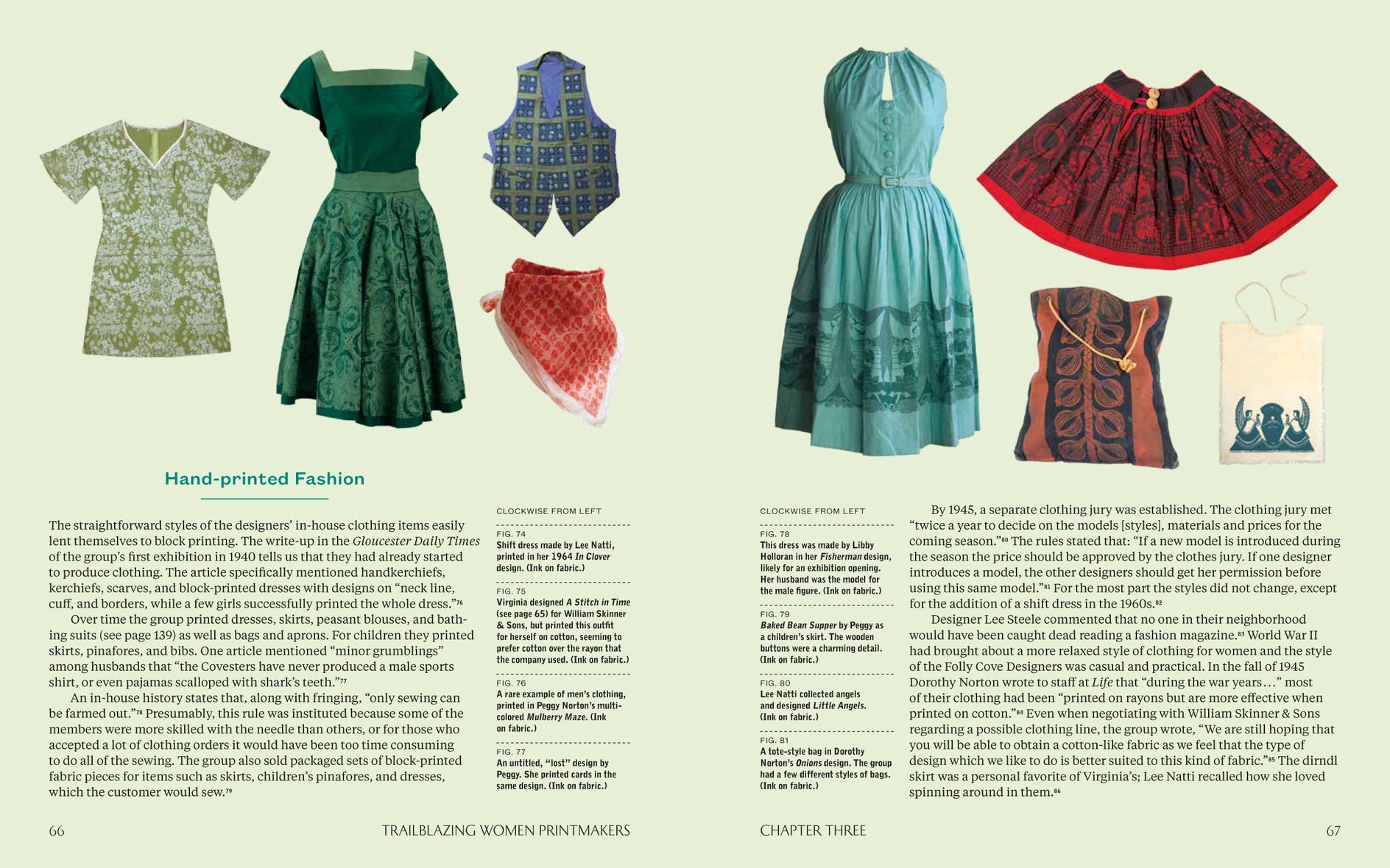 Page from a book featuring hand-printed fashion designs with text on a light green background.