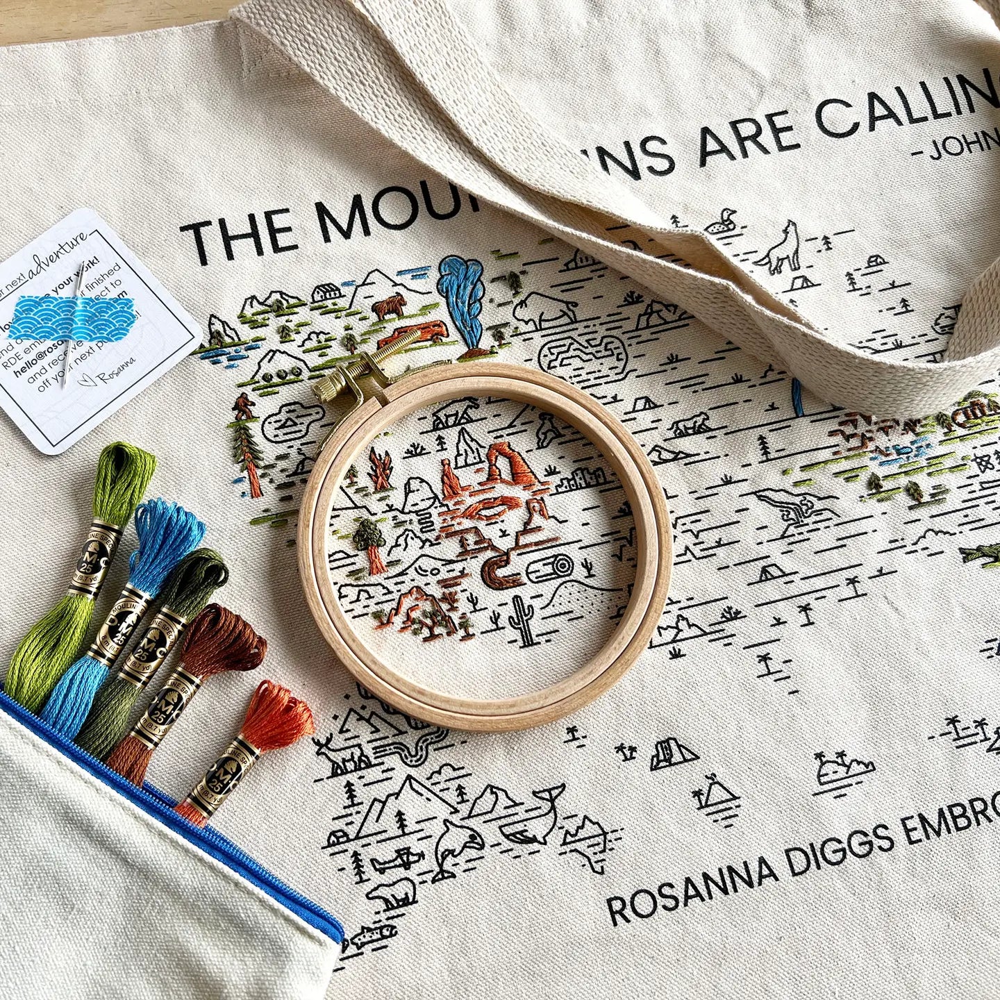 Embroidery hoop with thread and a map-themed fabric on a table.