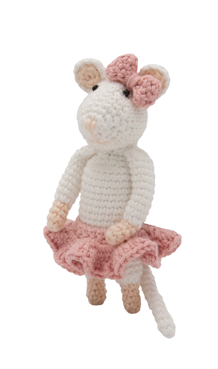 Crocheted mouse toy with a pink bow and skirt on a white background