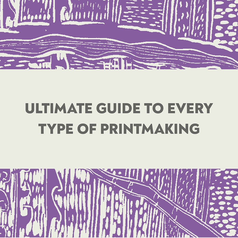 A book  cover design with a light gray center band containing the text 'ULTIMATE GUIDE TO EVERY TYPE OF PRINTMAKING' in dark gray, framed by purple and white linocut-style illustrations at the top and bottom.