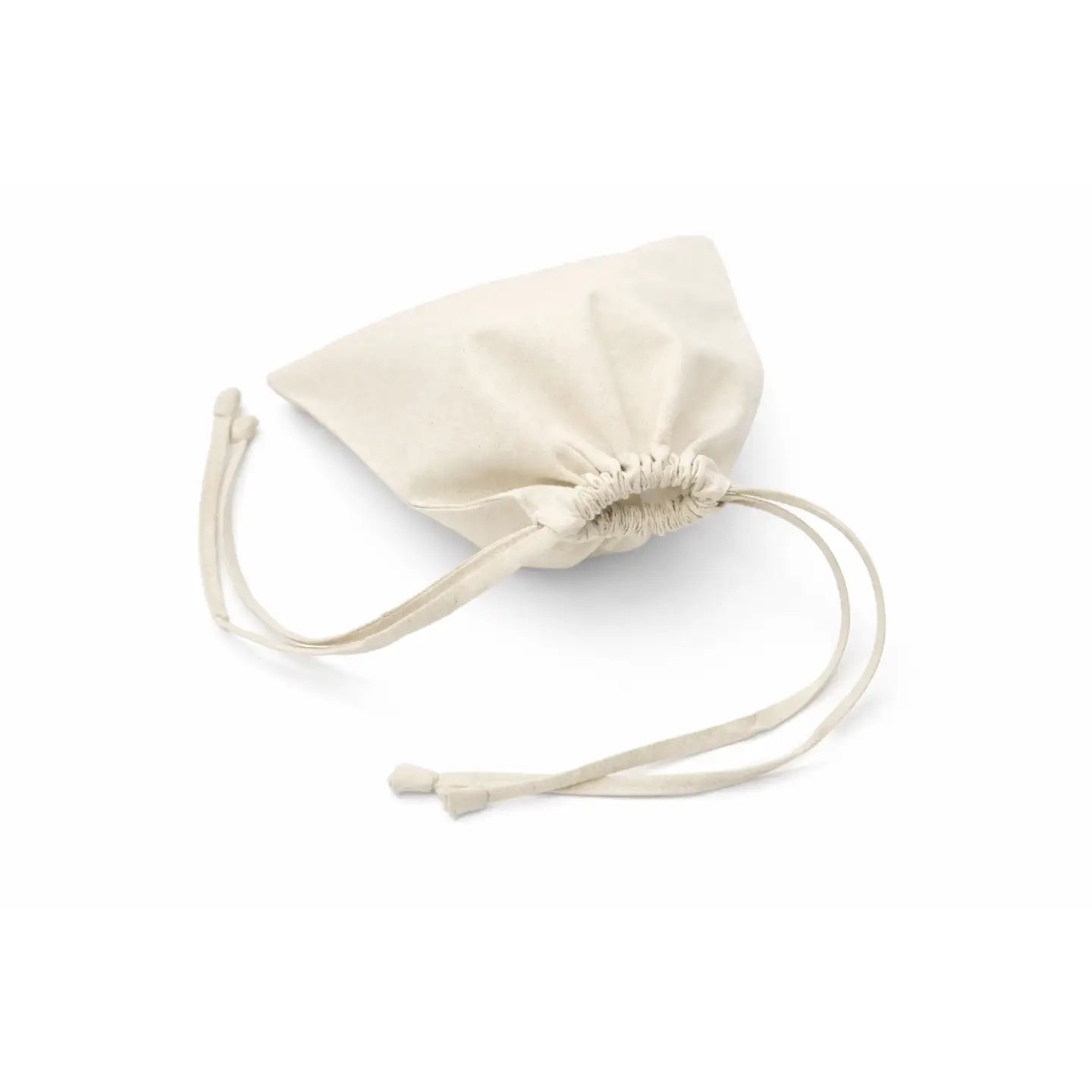 Beige drawstring bag on a white background