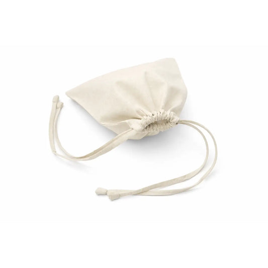 Beige drawstring bag on a white background