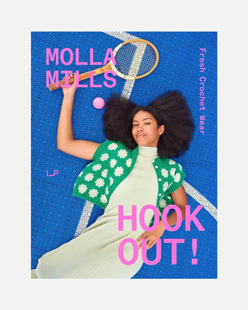 Book cover for Molla Mills crochet wear with a person lying on a blue textured surface holding a tennis racket.