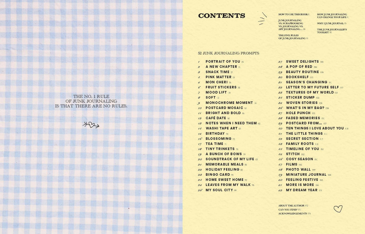 a blue and white checked book page with a table of contents