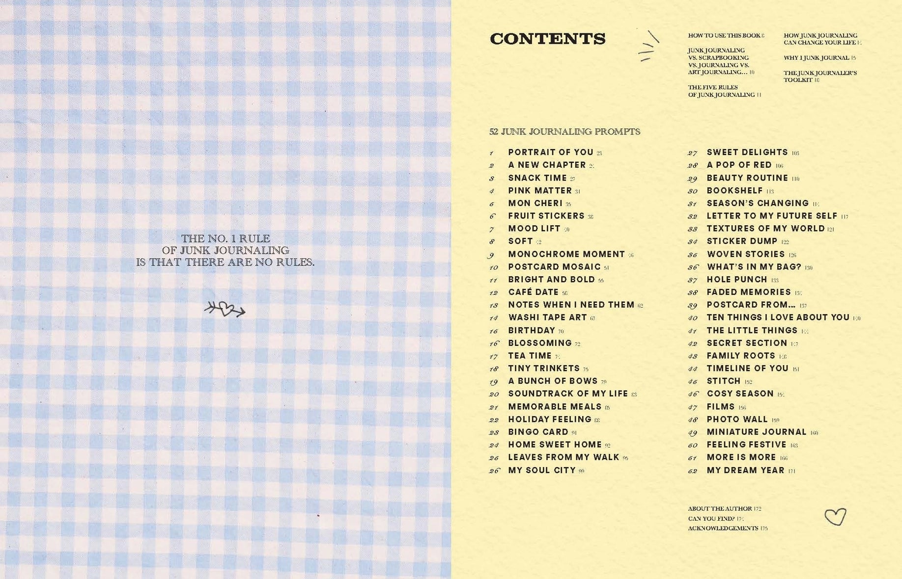 a blue and white checked book page with a table of contents