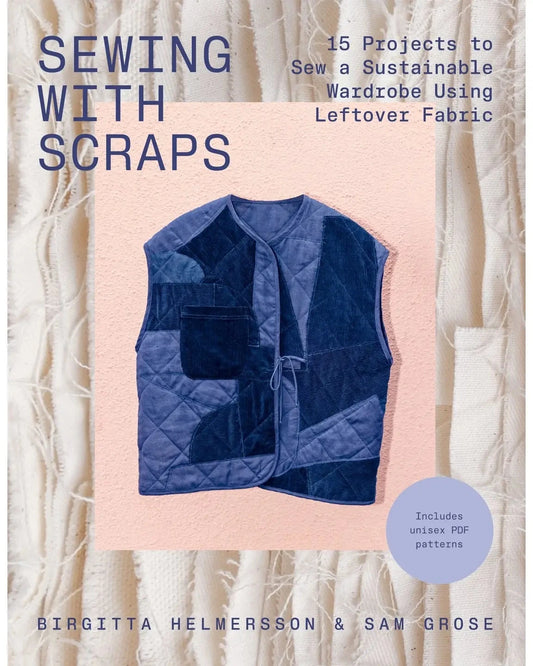 a book cover featuring a blue quilted vest made from scrap fabric
