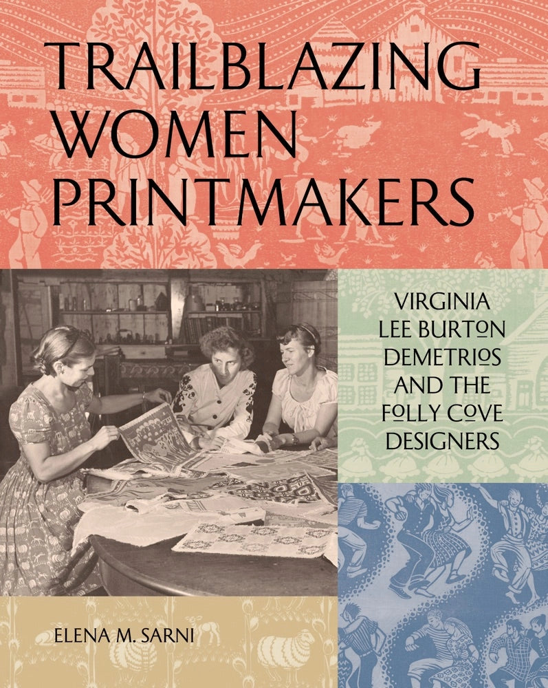 Book cover of 'Trailblazing Women Printmakers' with a vintage photo and decorative patterns.