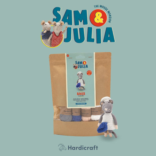 Product packaging with 'Sam & Julia' branding and a toy figure on a light blue background.