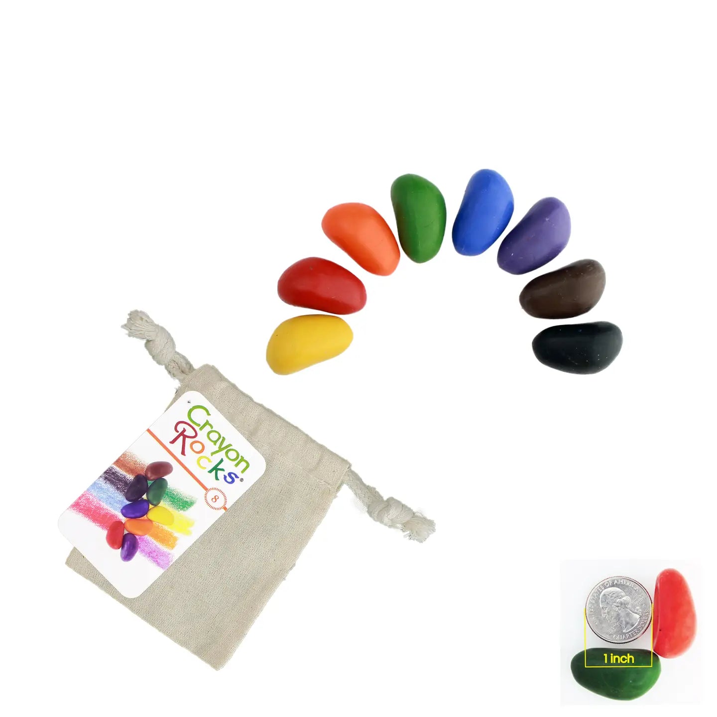 Set of colorful rocks with a 'Crayon Rocks' bag and a coin for scale on a white background