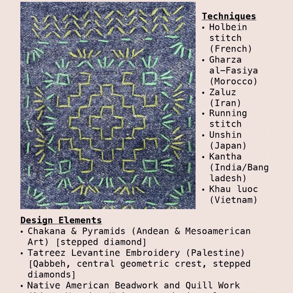 Textile pattern with stitching techniques and design elements on a beige background