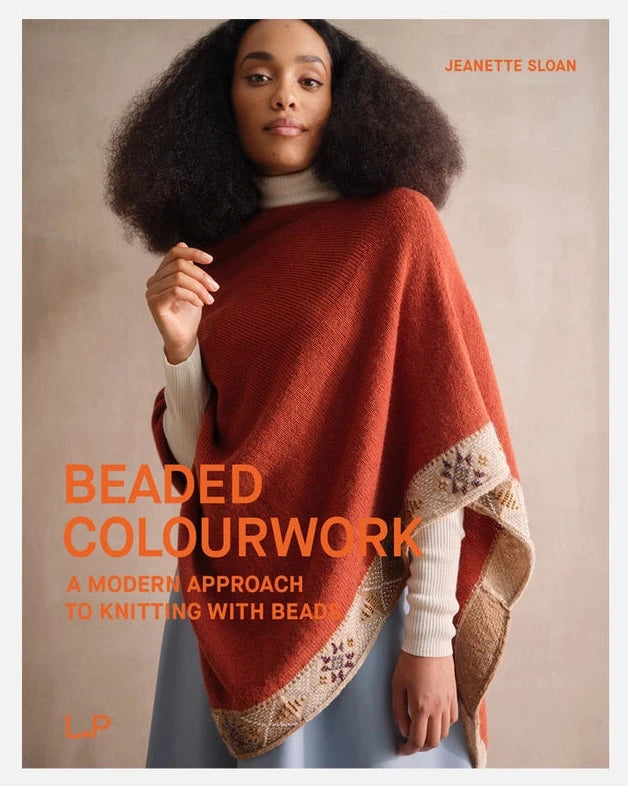 Book cover of 'Beaded Colourwork' by Jeanette Sloan featuring a person wearing a red beaded shawl.