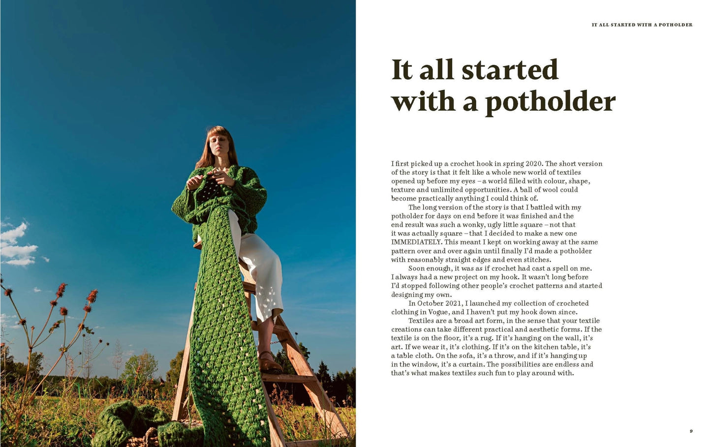A magazine-style spread with a photo of a woman wearing a green crocheted dress on the left and an article text block on the right headed 'It all started with a potholder'.
