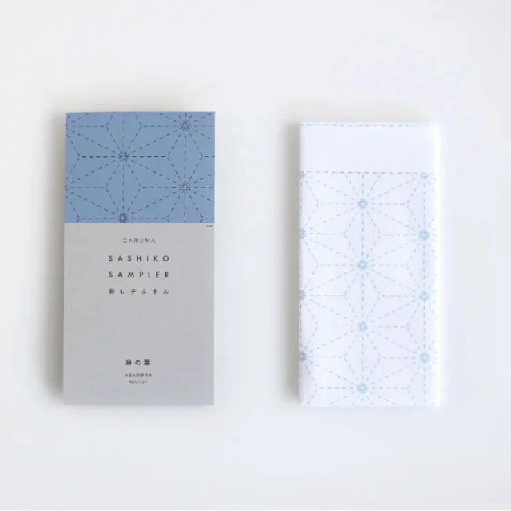 two sashiko samples one white and one blue