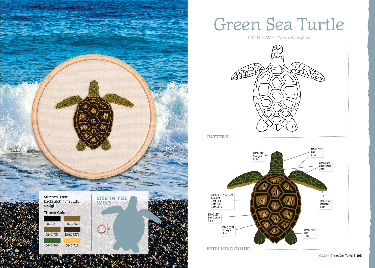 Embroidery hoop with green sea turtle design, pattern diagram, and color swatches on a blue ocean background.
