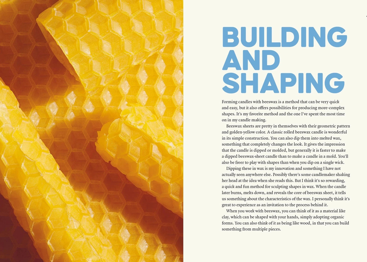 a pile of honeycomb beeswax and a page titled building and shaping