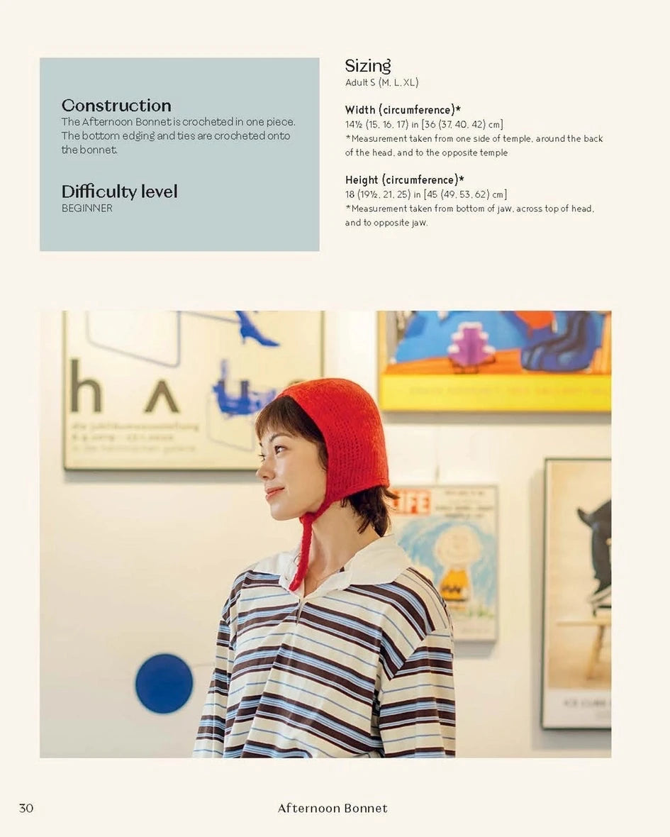 Page from a craft pattern book with text and images of a person wearing knitted hats.