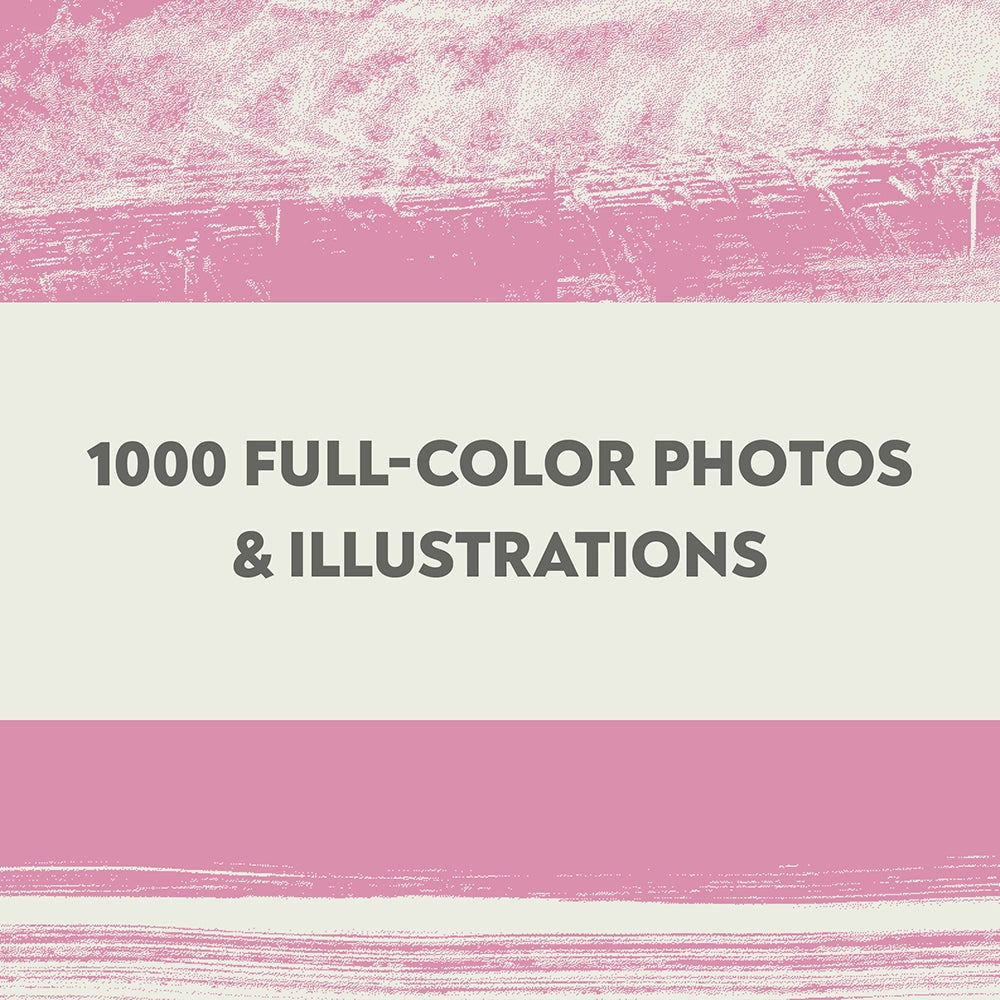 book page graphic with pink textured brushstroke bands at the top and bottom and a central off-white panel reading '1000 FULL-COLOR PHOTOS & ILLUSTRATIONS' in dark gray text.