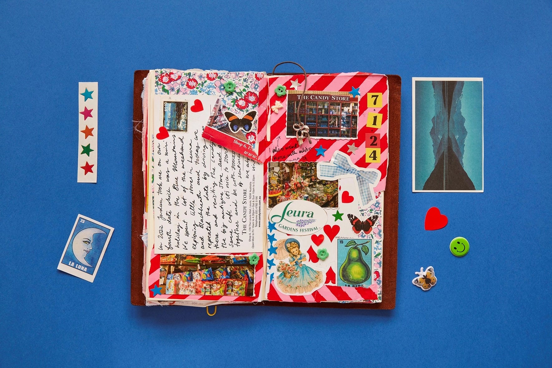 a colorful journal display on a blue background