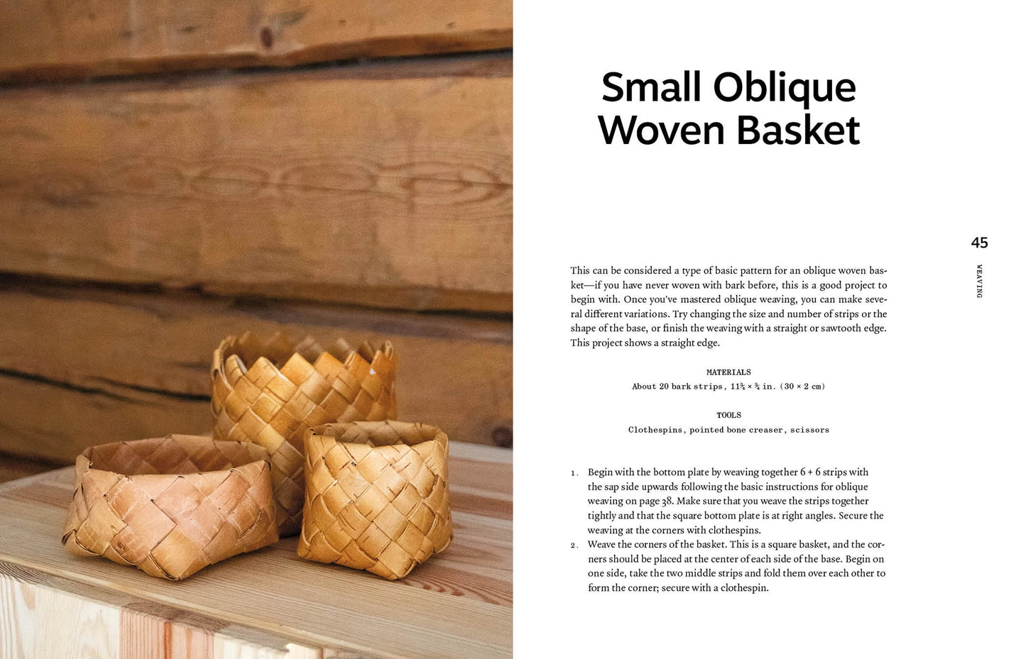 A printed woodworking instruction page titled 'Small Oblique Woven Basket' with a photo of several woven baskets on the left and text instructions on the right, set against a wood-paneled background.