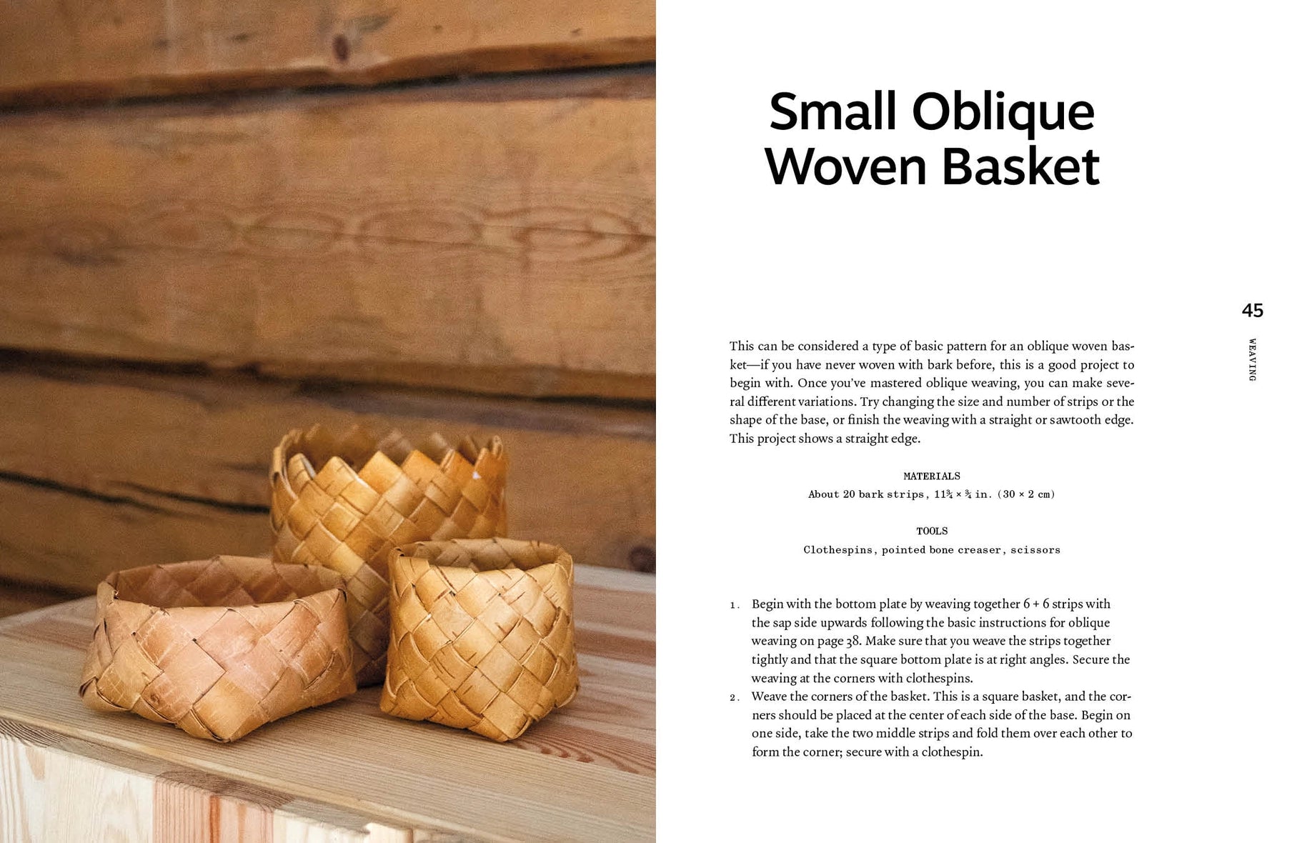 A printed woodworking instruction page titled 'Small Oblique Woven Basket' with a photo of several woven baskets on the left and text instructions on the right, set against a wood-paneled background.