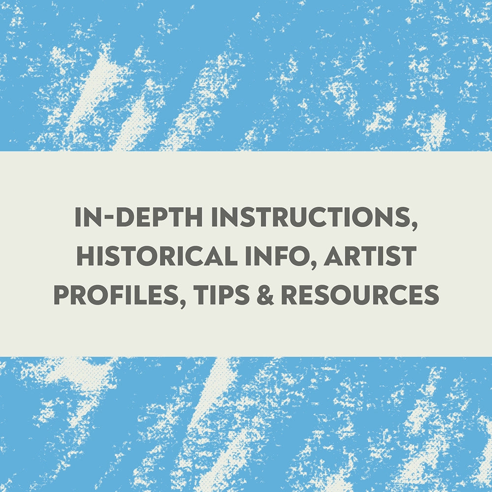 A square graphic with a central off-white text panel reading 'IN-DEPTH INSTRUCTIONS, HISTORICAL INFO, ARTIST PROFILES, TIPS & RESOURCES' between two textured light blue sections.