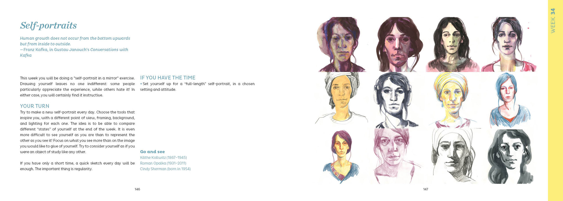 Illustrations of various faces arranged in a grid with text on a white background.