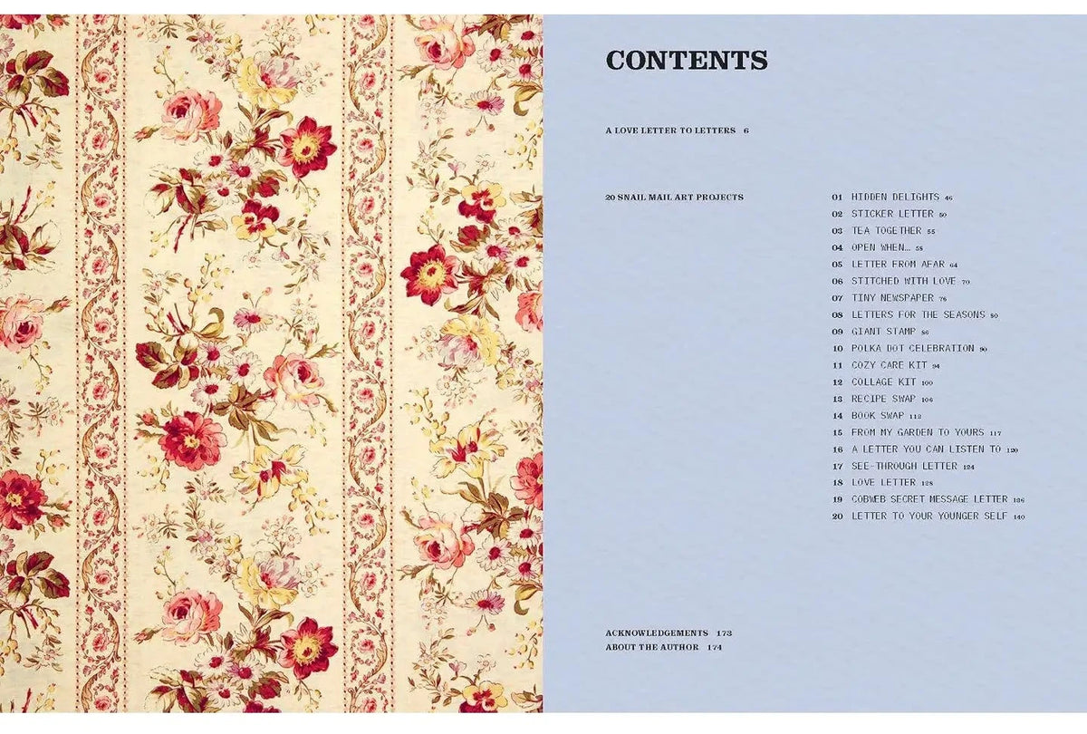 red and beige floral paper and a table of contents for a book