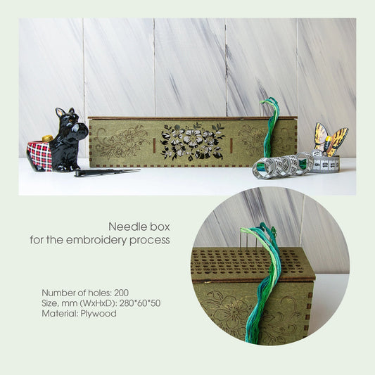 Embroidery Floss and Needle Organizer - Wooden Box - Green - 200 Needle Slots