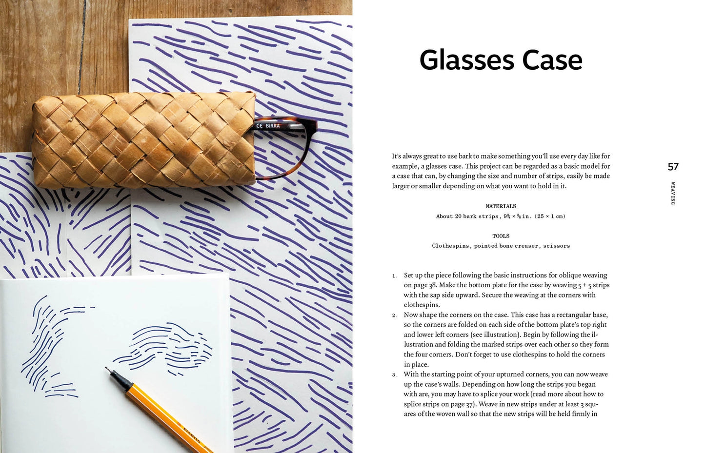 An open book spread showing a project page titled 'Glasses Case' with text, a small woven tan case, a pair of black eyeglasses, and a close-up inset of a patterned sheet and yellow pencil.