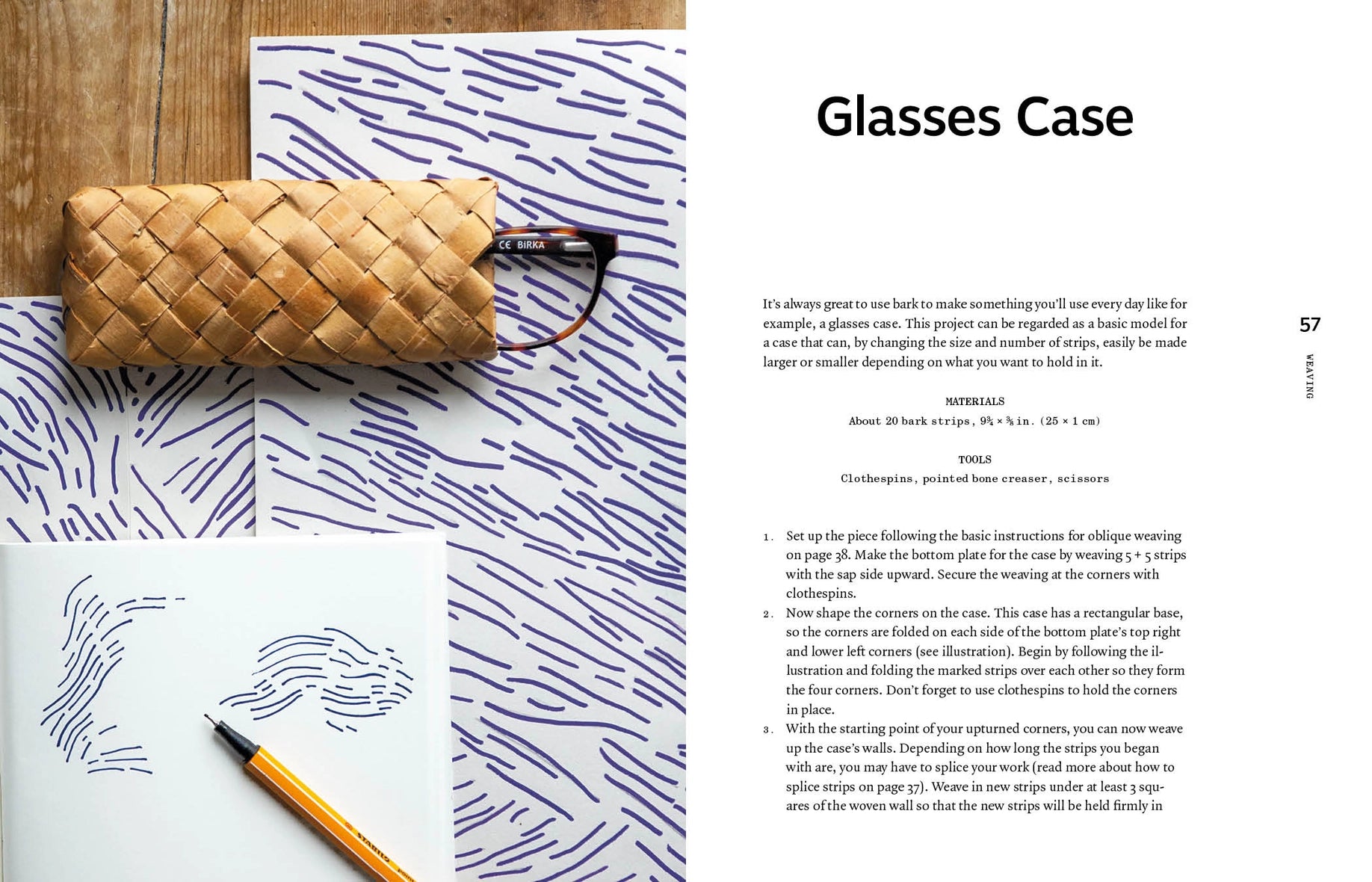 An open book spread showing a project page titled 'Glasses Case' with text, a small woven tan case, a pair of black eyeglasses, and a close-up inset of a patterned sheet and yellow pencil.