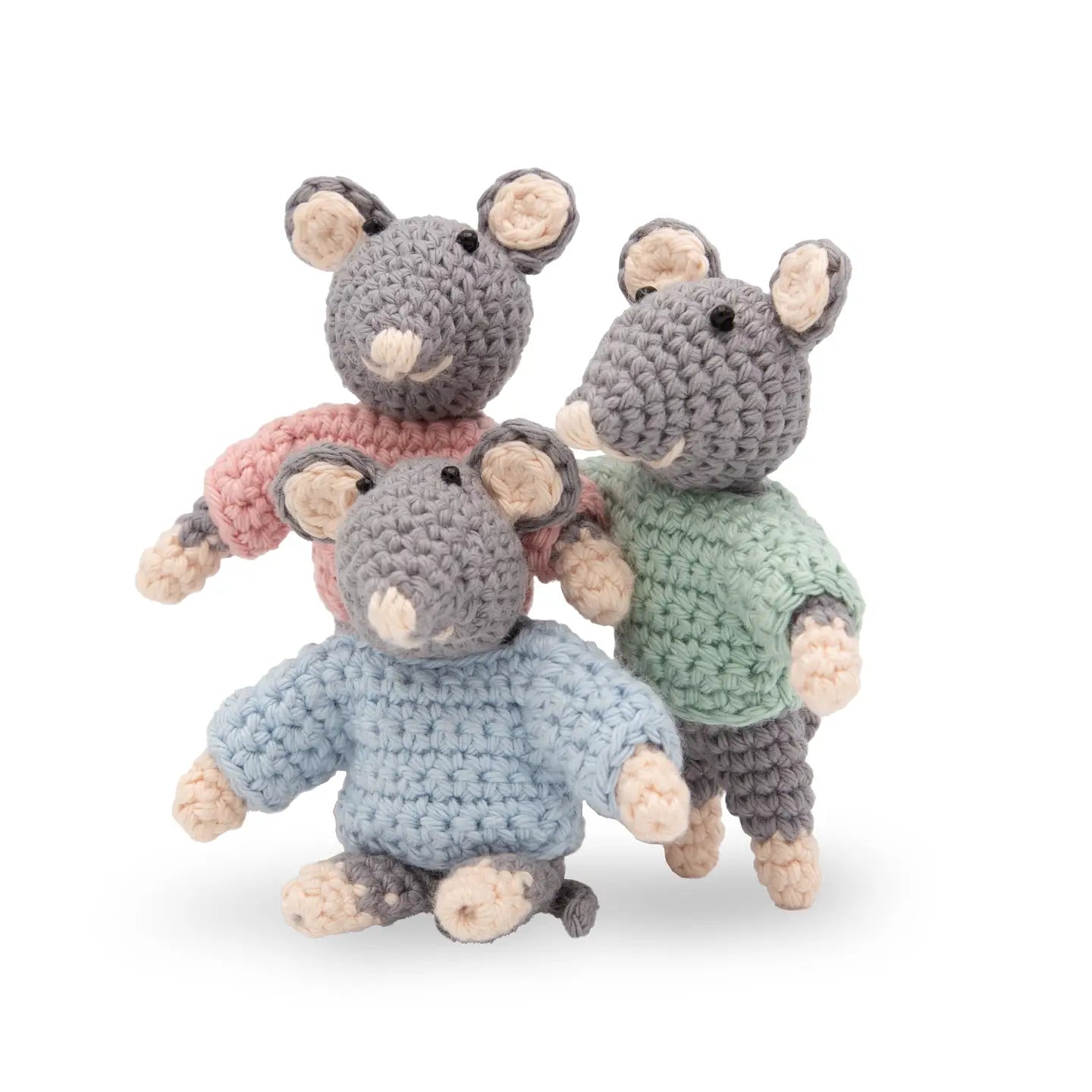 Three crochet mice toys in different colors on a white background